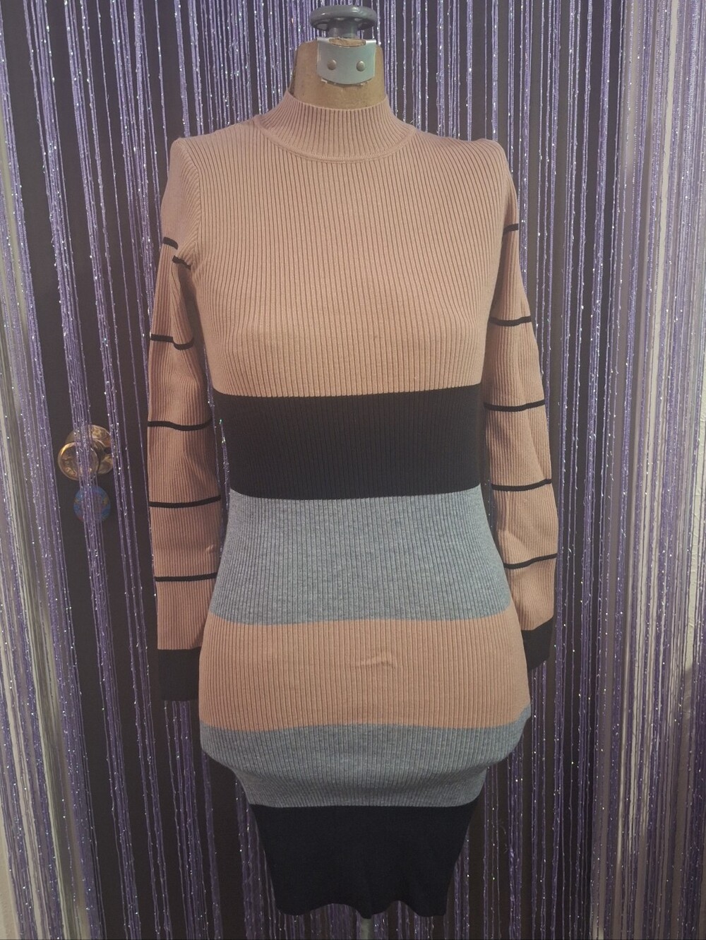 Striped Ribbed Knit Sweater Dress in Beige, Black & Gray